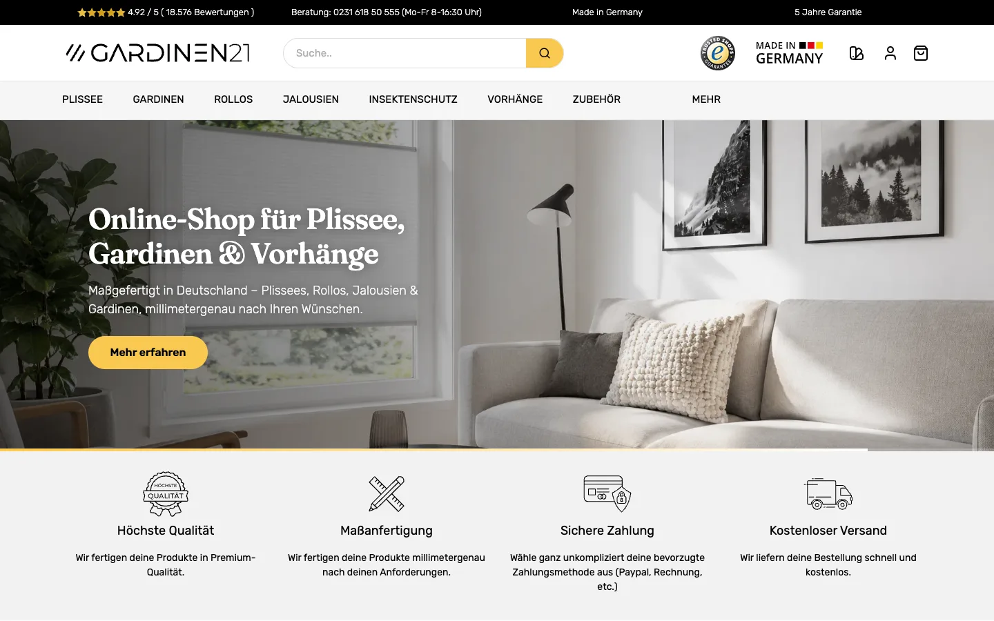 Screenshot des Gardinen21 Onlineshops