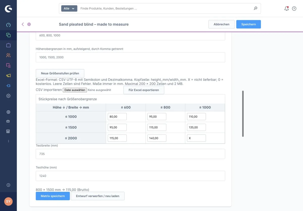 Configurator Pro im Shopware-Admin: Stückpreise nach Breite und Höhe als Matrix, mit CSV-Import und Excel-Export