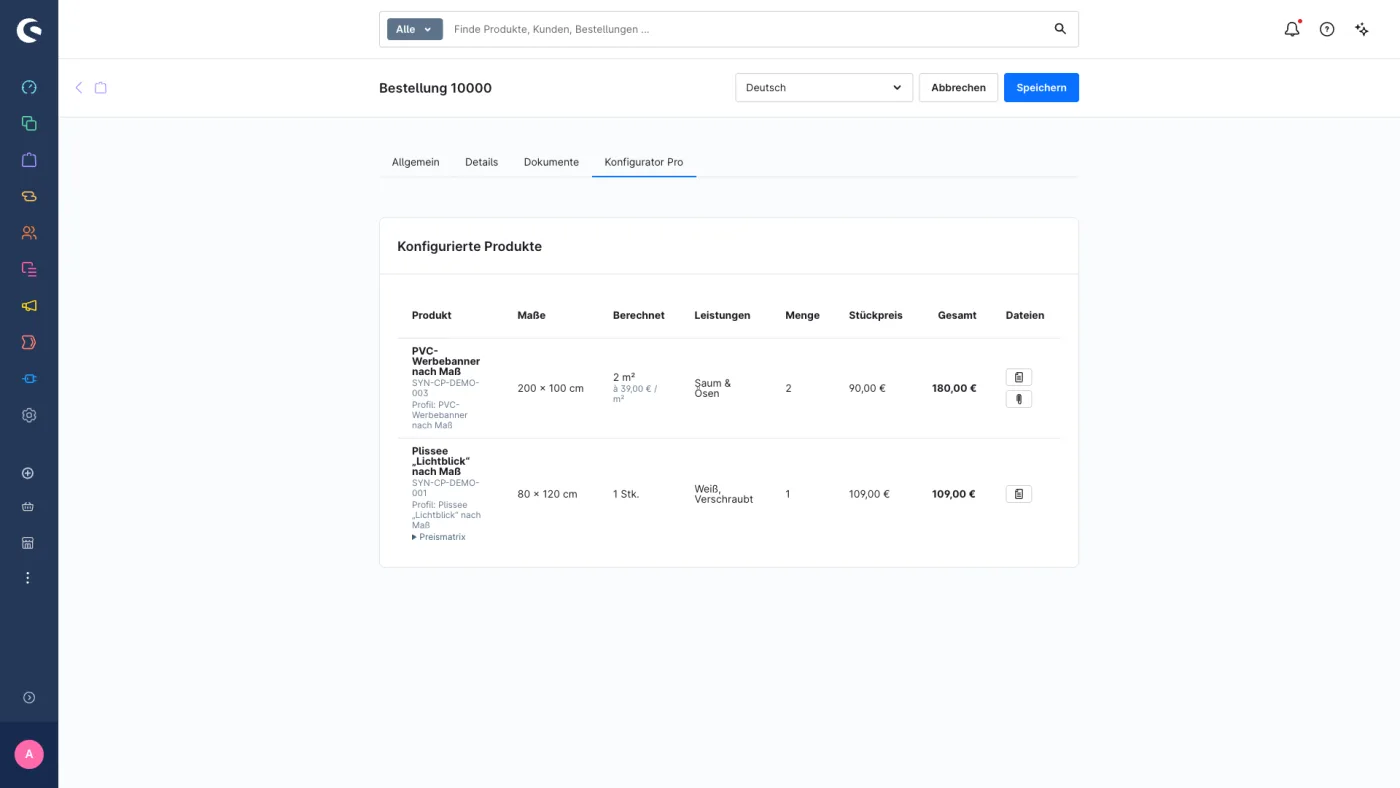 Tab „Konfigurator Pro“ in der Bestellung, mit Symbolen für Fertigungsauftrag und Datei-Download.