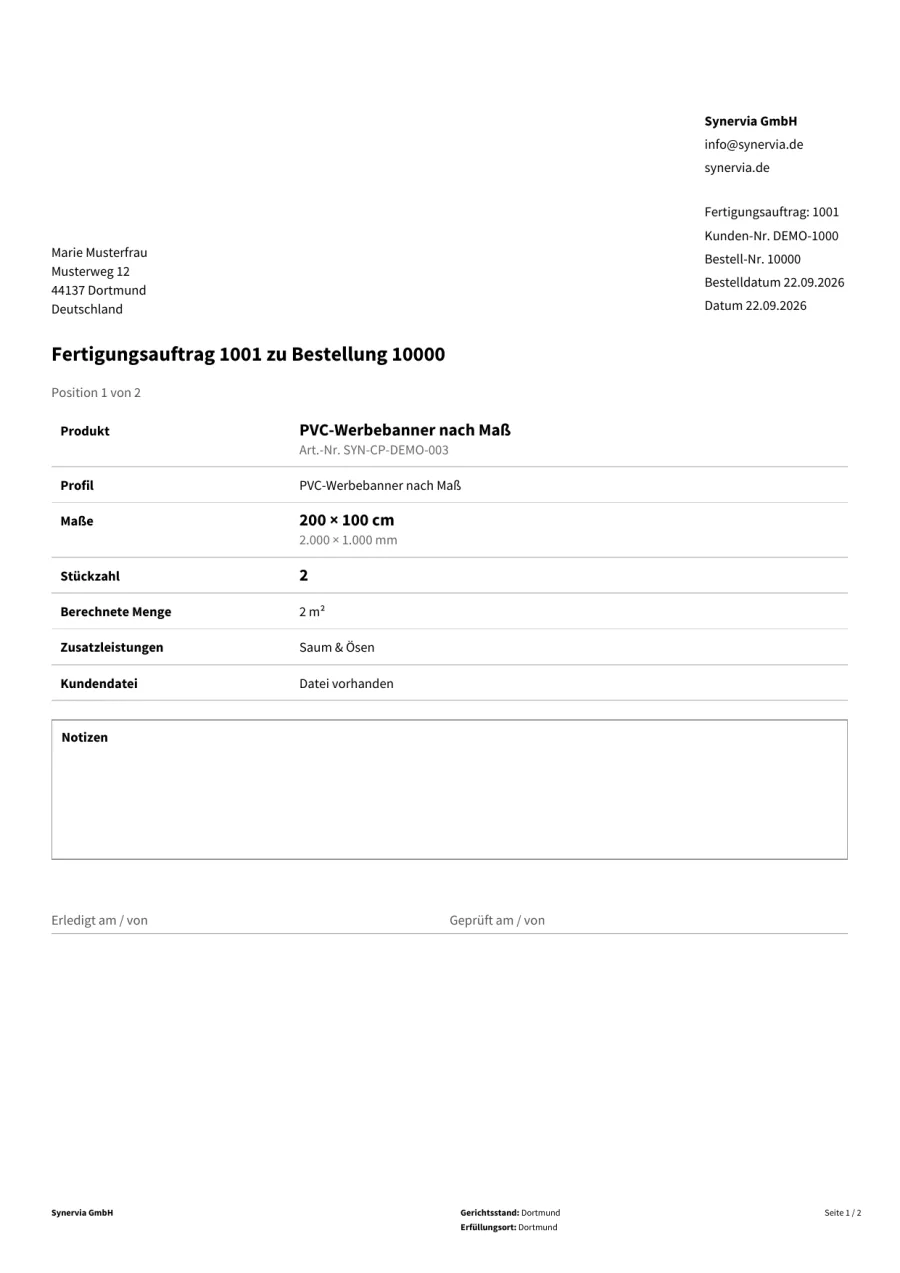 Fertigungsauftrag, eine Seite je Position, ohne Preise.