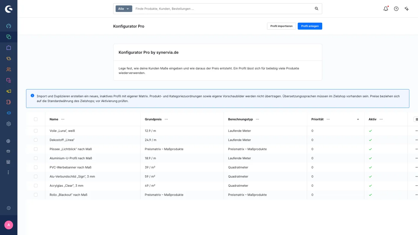 Profilübersicht unter Kataloge › Konfigurator Pro, mit „Profil importieren“ und „Profil anlegen“.