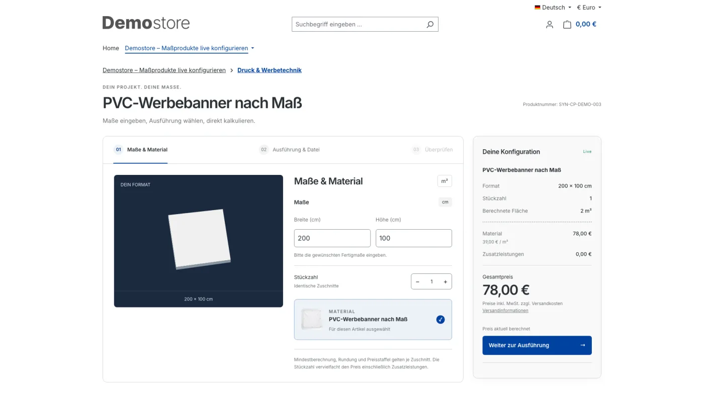 Ansicht Studio: Konfiguration mit seitlicher Preisübersicht.