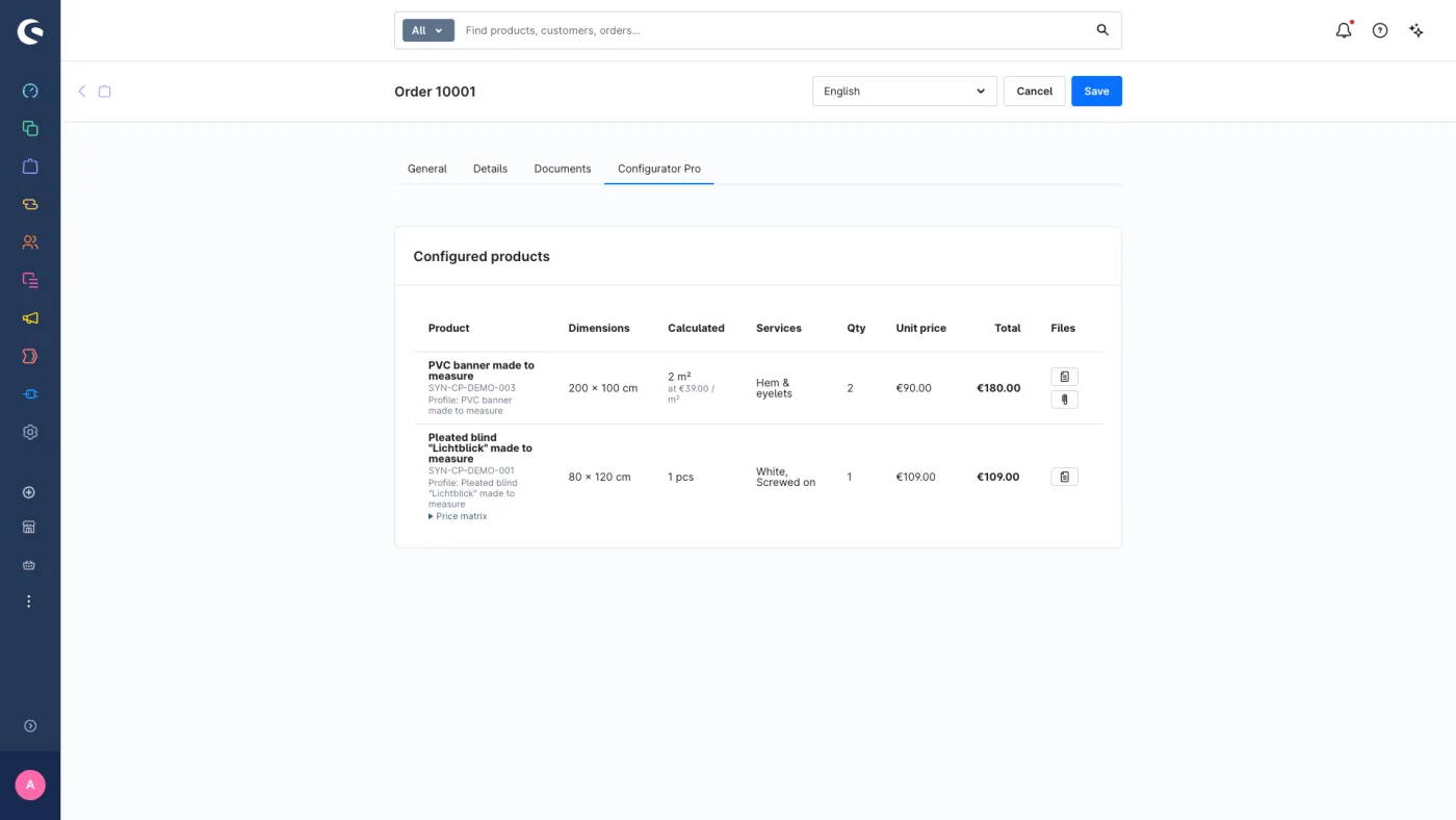 “Configurator Pro” tab in the order, with icons for the production order and file download.