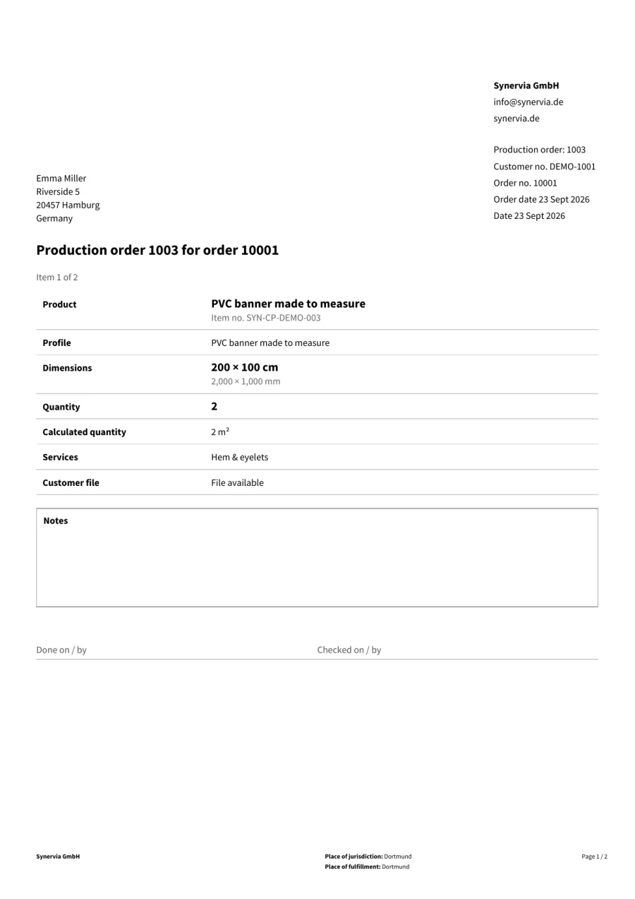 Production order: one page per line item, without prices.