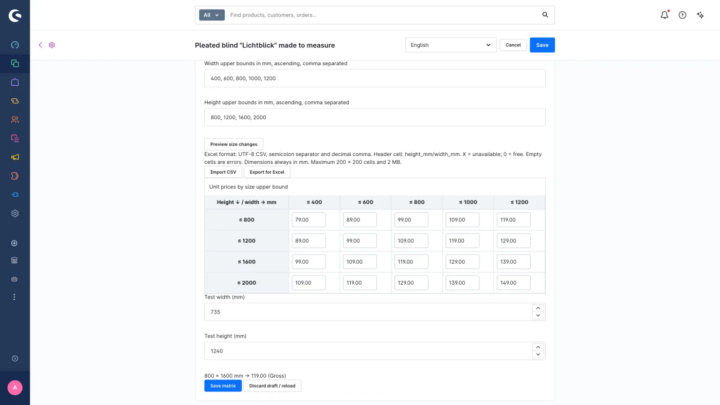 Matrix editor with size steps, CSV import/export and test calculation.