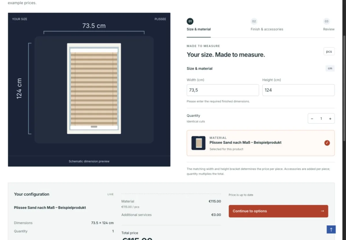 Configurator Pro in der Storefront: Maßeingabe für ein Plissee mit Live-Preis