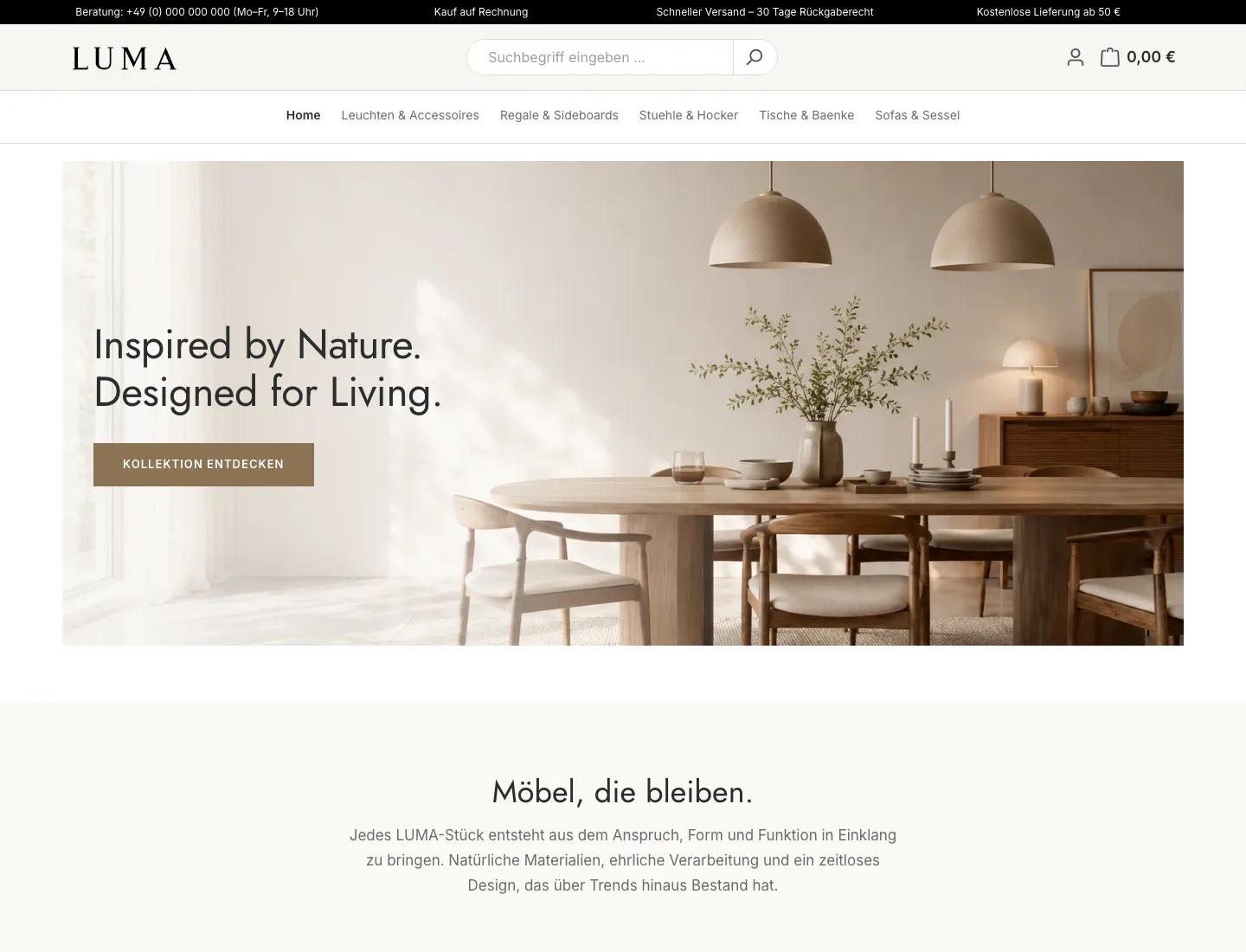 LUMA Theme – reale Startseiten-Vorschau mit Hero, Kategorien und Produktbereichen