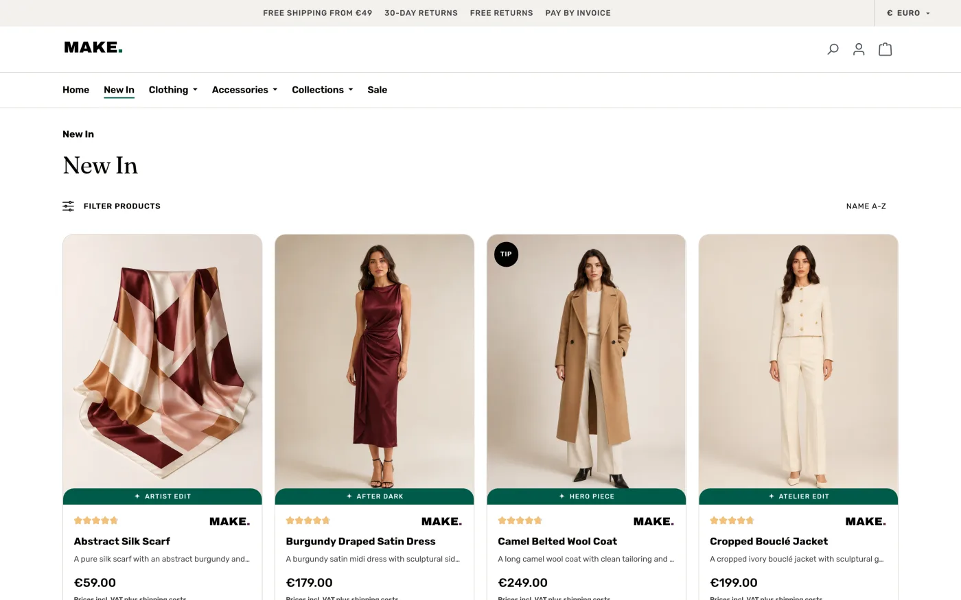 Listing mit Kategorie-Chips, Filter-Button, Badges und Highlight-Streifen (Demo-Shop, englisch)