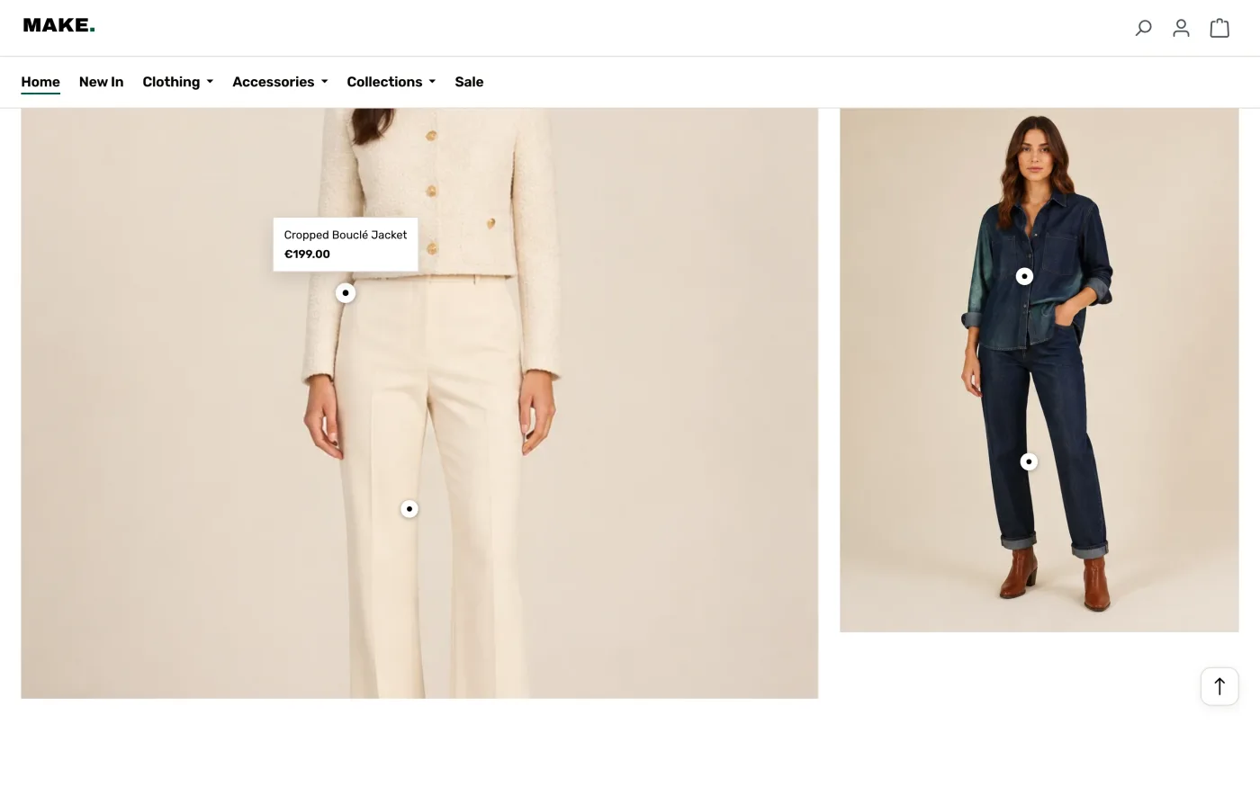Lookbook mit Produkt-Hotspot: Name und Preis beim Überfahren (Demo-Shop, englisch)