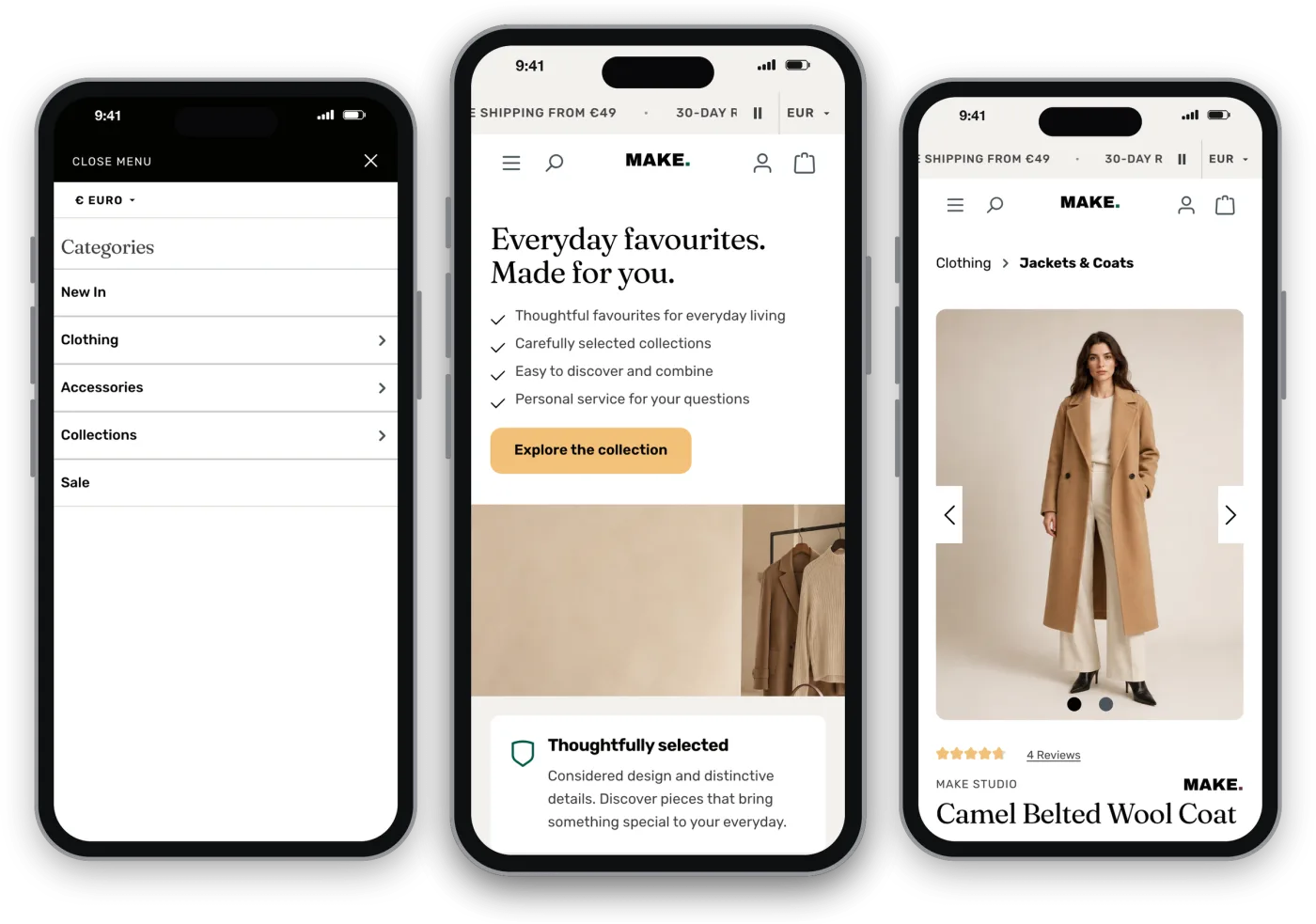 Mobile Ansicht: Startseite, Vollbildmenü und Produktseite (Demo-Shop, englisch)