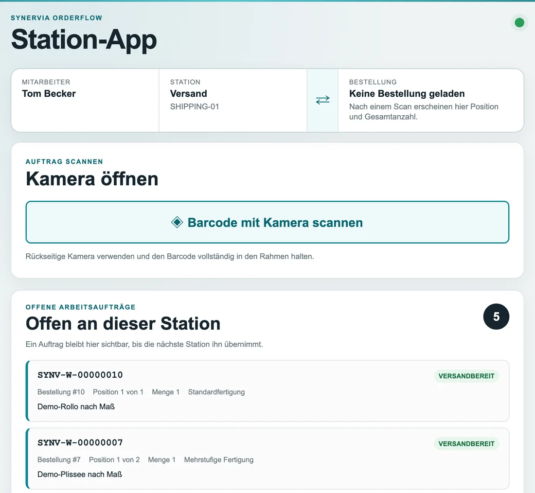 Station-App am Versandplatz mit offenen Arbeitsaufträgen