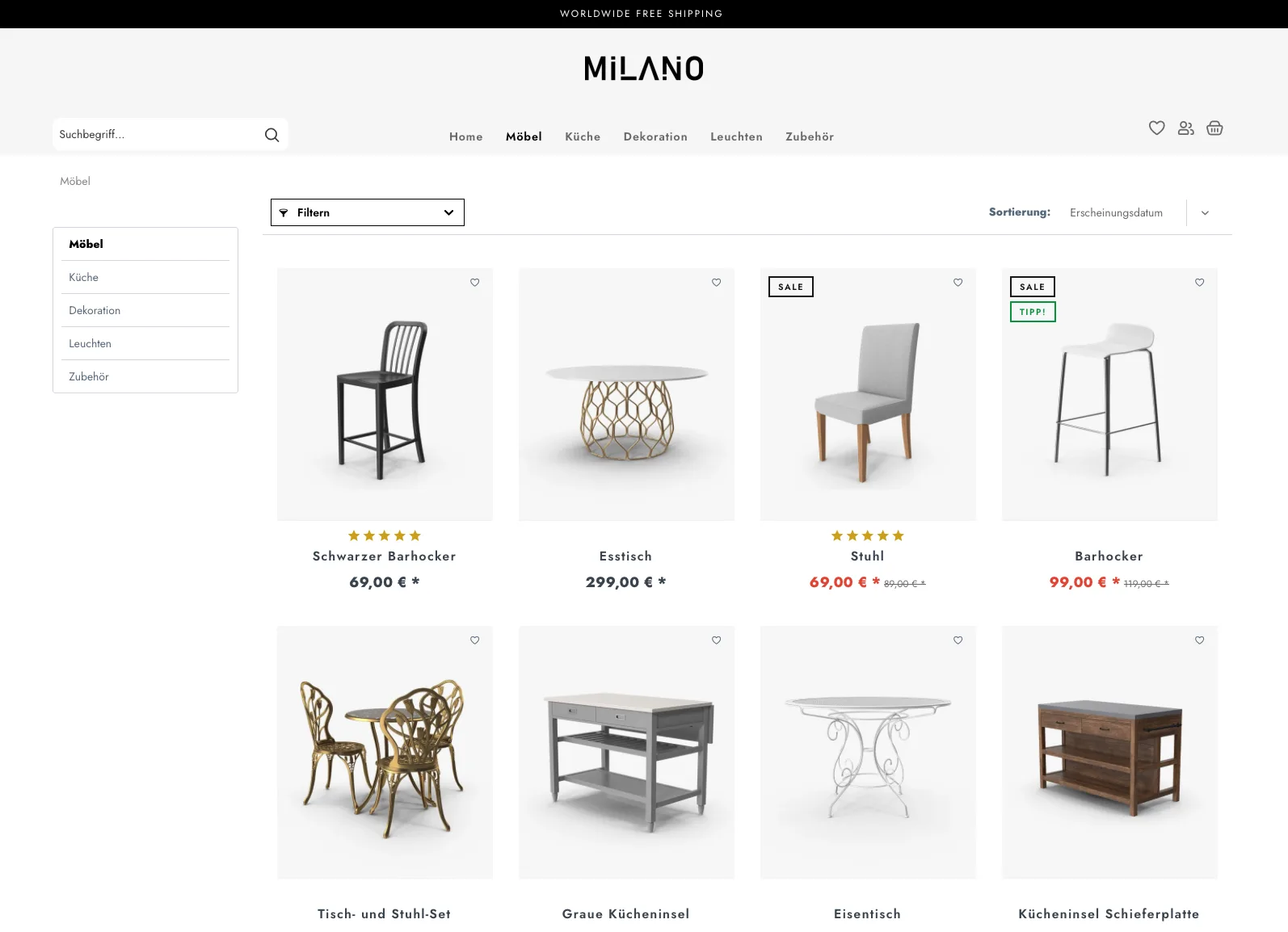MILANO – listing view of the Shopware 5 theme