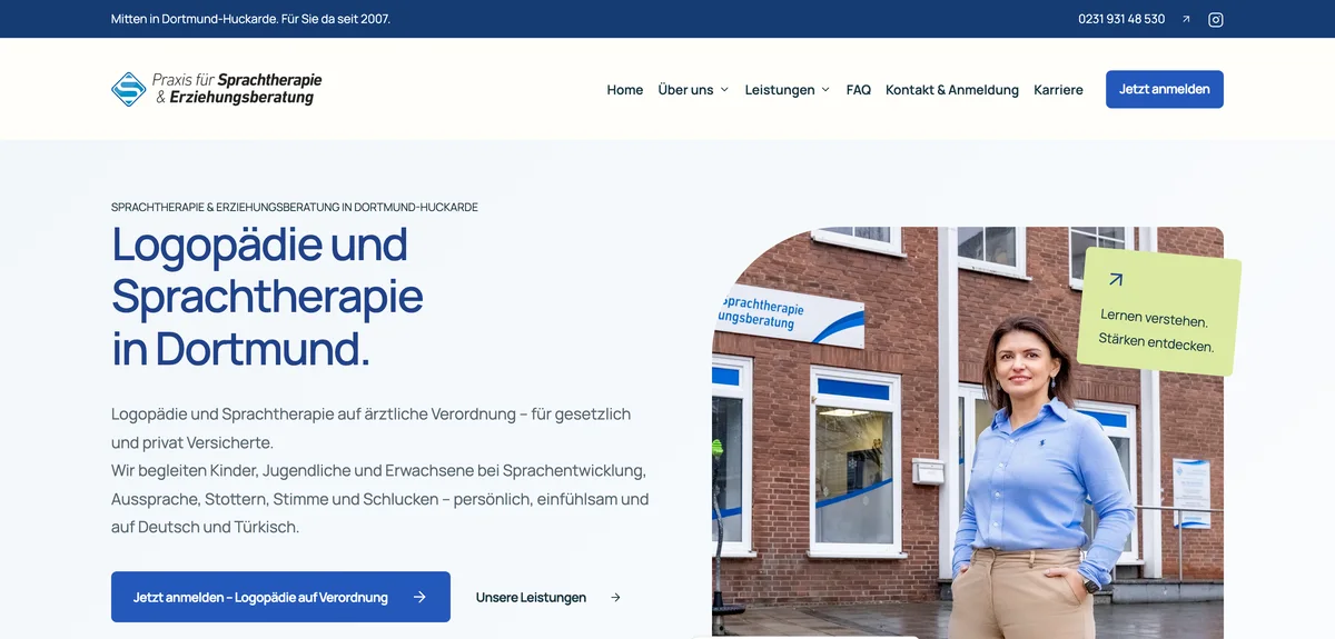 Screenshot der Startseite der Praxis für Sprachtherapie & Erziehungsberatung in Dortmund